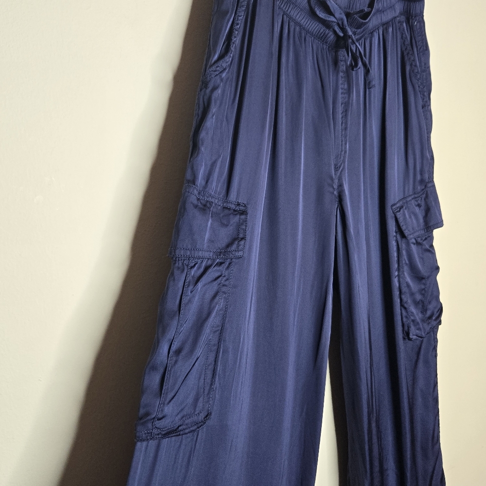 AERIE NWT Navy Blue Shiny Satin Women's Drawstring Loose Fit Cargo Pants - Picture 5 of 11